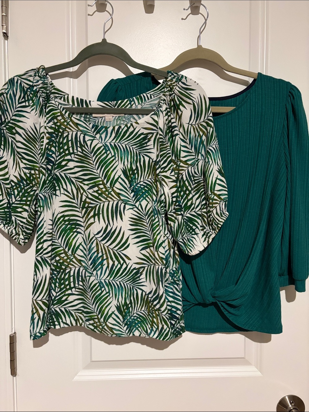 LOFT Green Palm Print Top & Teal Knot Front Blouse